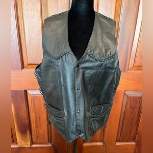 Antelope Creek Leather Motorcycle Vest Mens Large Black Adjust Sides Braid Trims